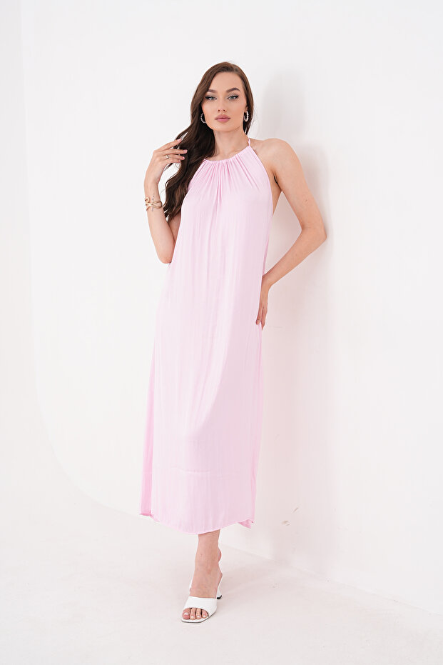 Women's Backless Midi Length Halter Neck Satin Dress