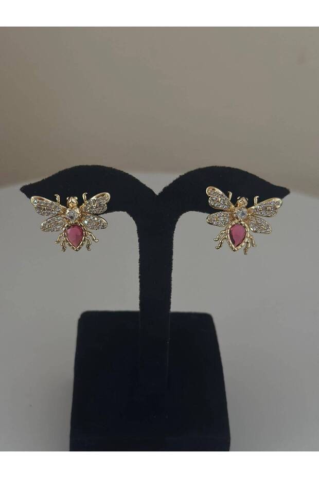Earrings with Gold Detailing and Pink Stone Bee Figure