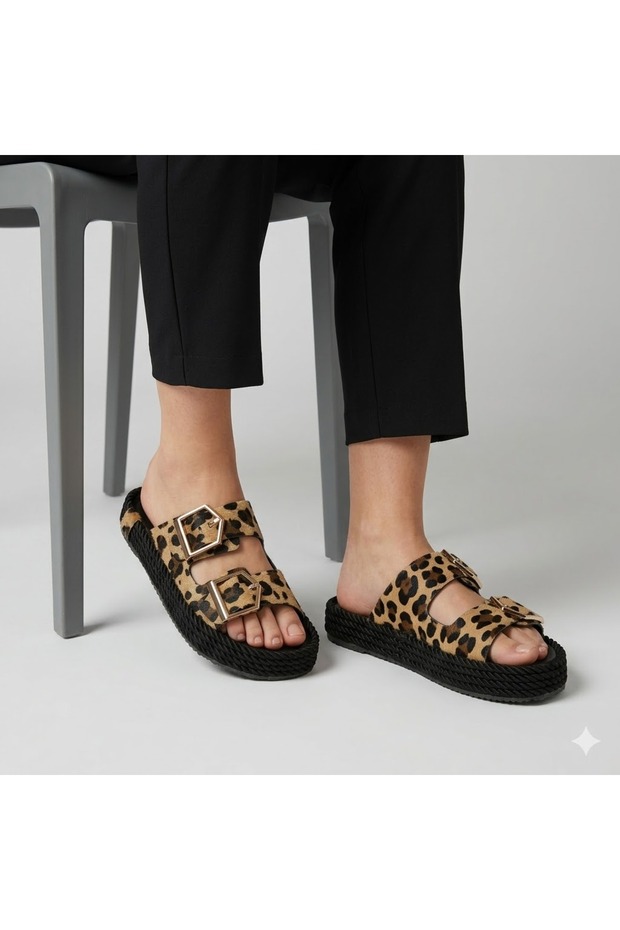 Double Buckle Straw Casual Women's Slippers Leopard