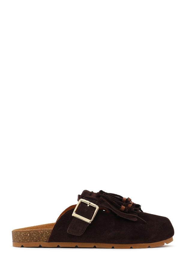 Women's Brown Tasseled Suede Leather Slippers 26Pfd220410