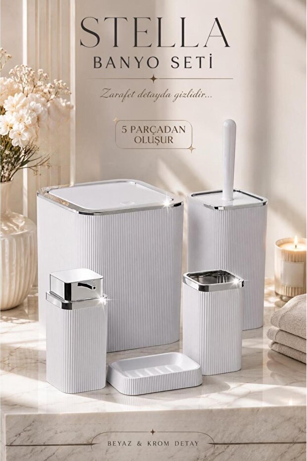 Chrome Detailed Striped Square 5-Piece Bathroom Set - White