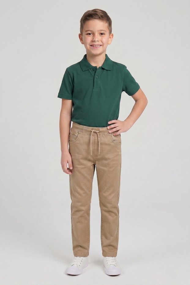 Boy's Nefti Green Short Sleeve Polo Neck T-Shirt Beige Ribbed Waist Canvas School Pants Bottom Top School Outfit