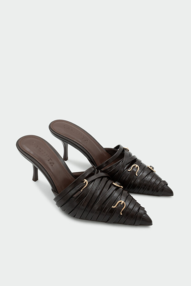 Rella Special Design Buckle Detailed Bitter Brown Heeled Slippers