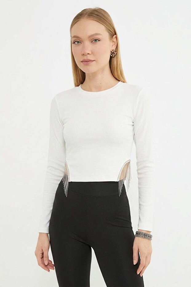 Chain Detailed Scuba Fabric Crop Blouse
