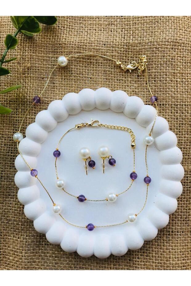 Mayorka Pearl and Amethyst Stone Necklace Bracelet Earring Set/ Set