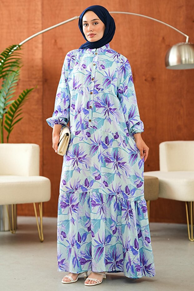 Purple Half Buttoned Sleeves Elastic Skirt Layered Viscose Dress