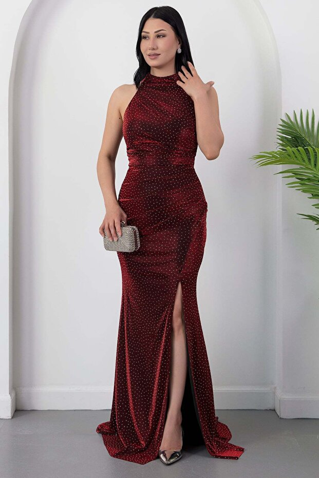 Halter Neckline Stoned Slit Dress Drp1013