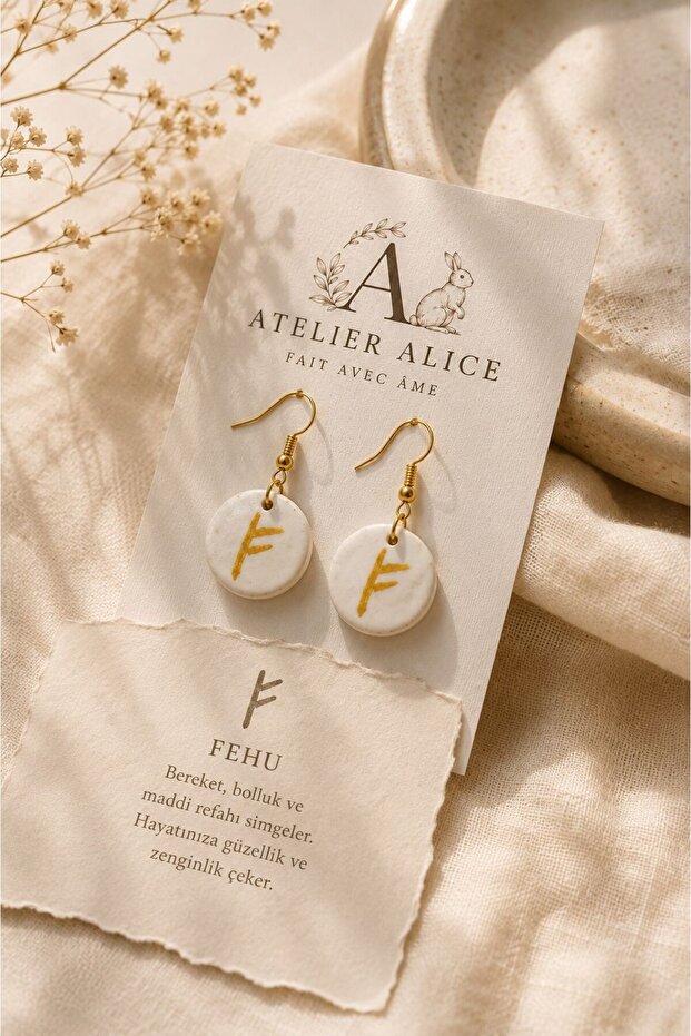 Earring Collection -Fehu Rune Ceramic Earrings - Handmade Custom Design