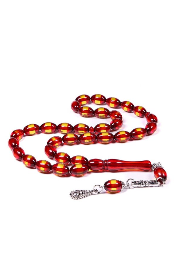 Red Yellow Vermilion Powder Amber Prayer Beads with Wooden Box