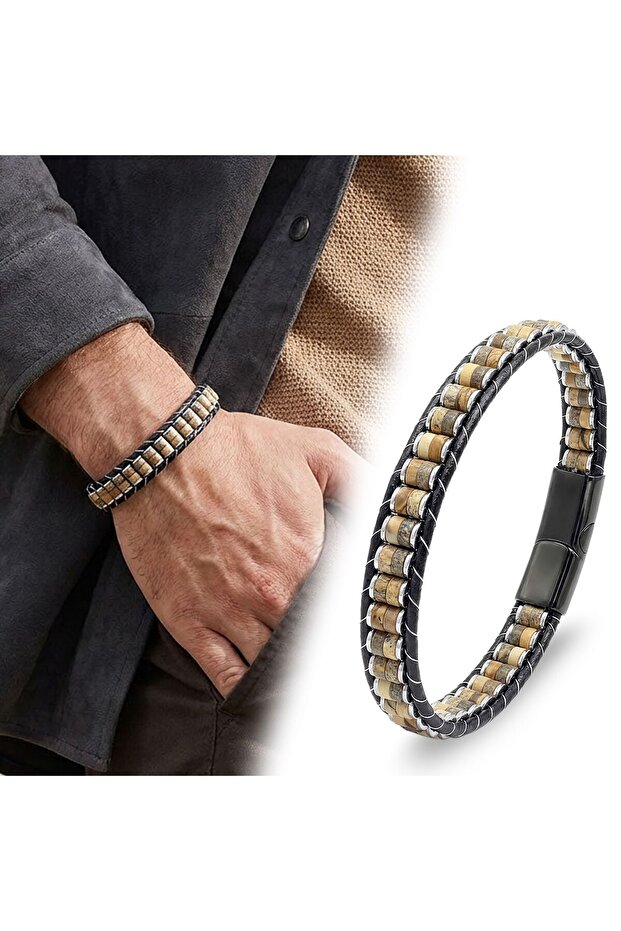 Odun Jasper & Hematite Steel Braided Leather Bracelet 18392B22D8 Premium Stain-Resistant Elegant