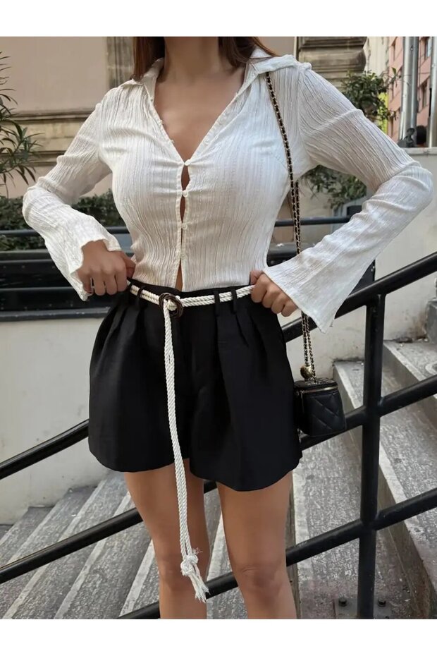 Black High Waist Rope Belt Detailed Pleated Women's Shorts
