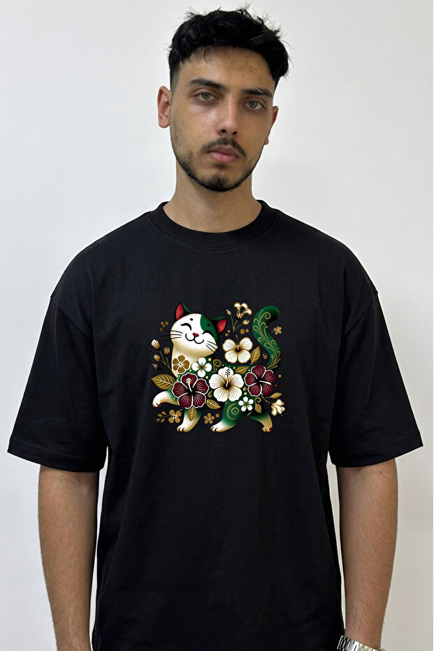 Cat Hibiscus Design Printed Oversize Black T-Shirt