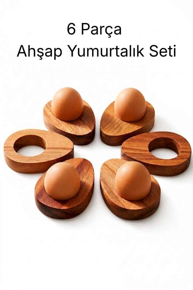 Yumi̇ Natural Wooden Egg Cup Set of 6 - Wooden Egg Holder for Breakfast Table