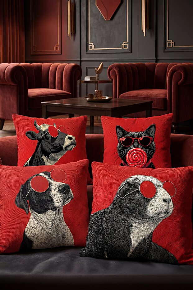 Set of 4 Patterned Animal Throw Pillow Covers with Red Glasses