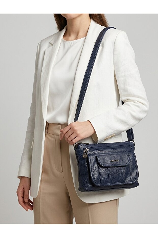 Viatox Vs 001 Women's Soft Textured 7-Compartment Cross Shoulder Bag Dark Blue