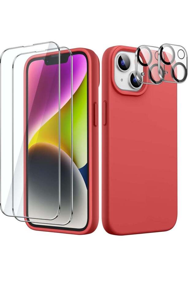 5 in 1 Silicone Case for iPhone 14 6.1-Inch with Screen and Camera Protectors (Red)