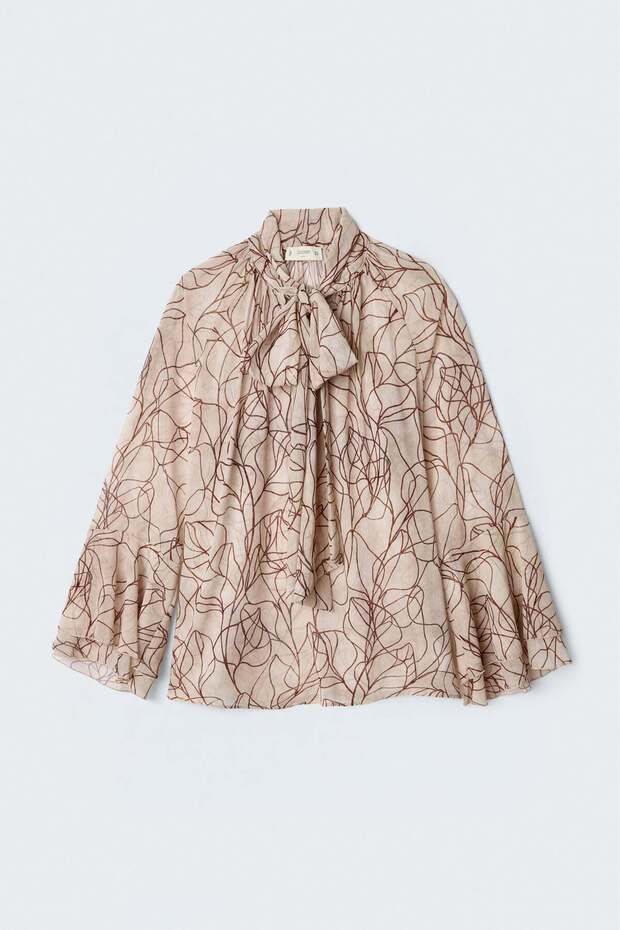 Patterned Scarf Blouse - Brown - 4
