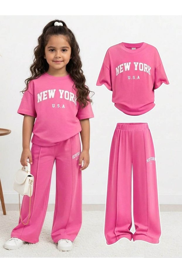 Striped Pink New York Printed Children's Top and Bottom Set