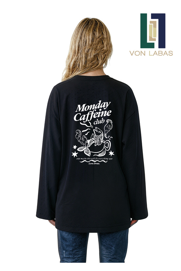 Wide Sleeve Oversize Long Sleeve Black Tshirt 100% Cotton Printed Summer Wear