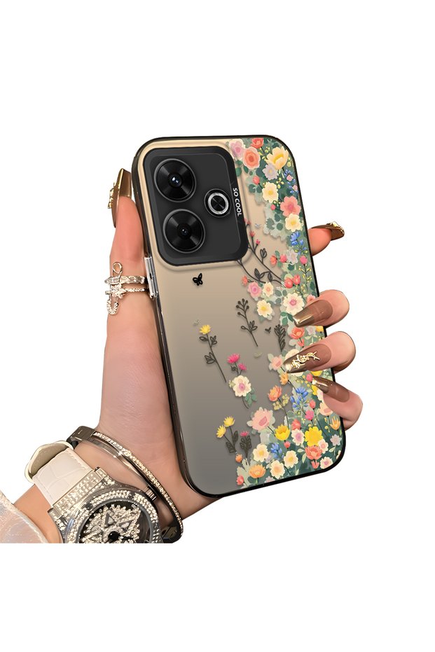 Redmi 13 Compatible Silicone Edge Hard Back Case Couple Phone Case with Floral Pattern