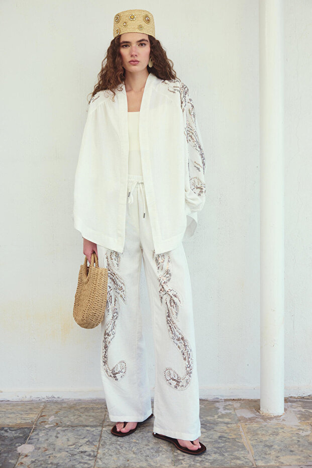 100% Linen Stone Embroidered Kimono