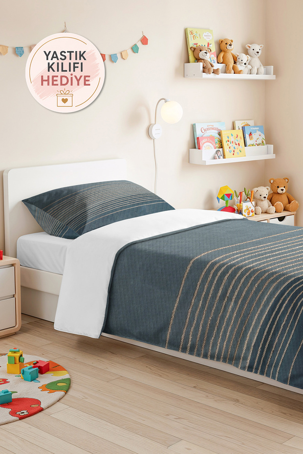 Modern Striped Blue Young Room Single Pique Set - Beige Quilted 160X220 cm Summer Bedspread