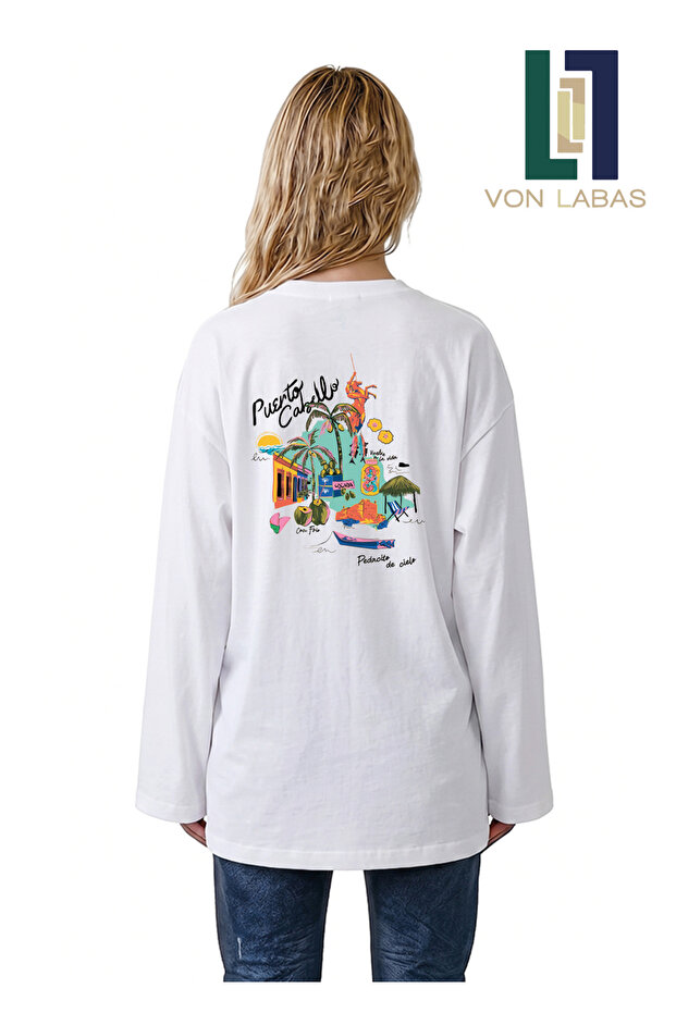 Summer Vibe Themed Wide Sleeve Oversize Long Sleeve White Tshirt 100% Cotton Summer T-Shirt