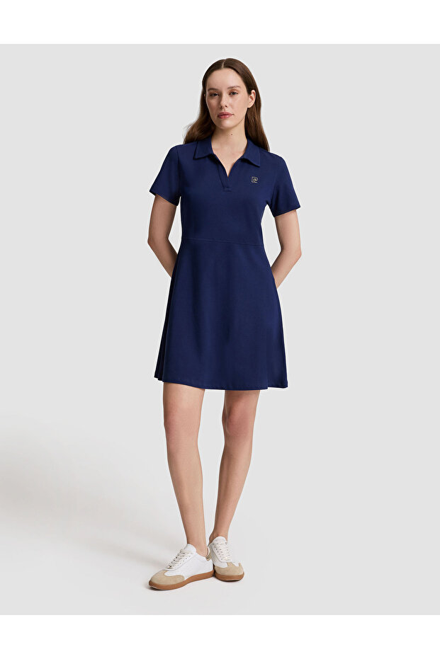 Navy Blue Apaş Collar A-Line Knitted Dress 50326889-Vr033