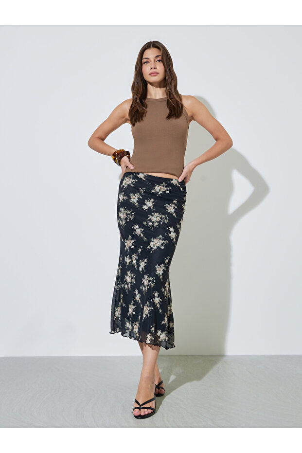 Black Floral Print Bias Midi Skirt