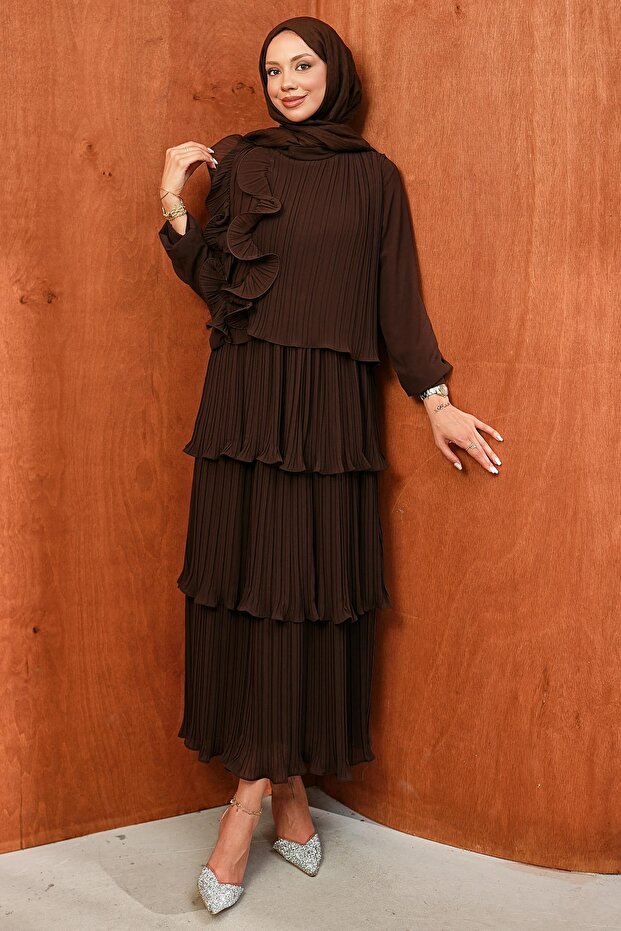 Brown Layered Pleated Evening Dress