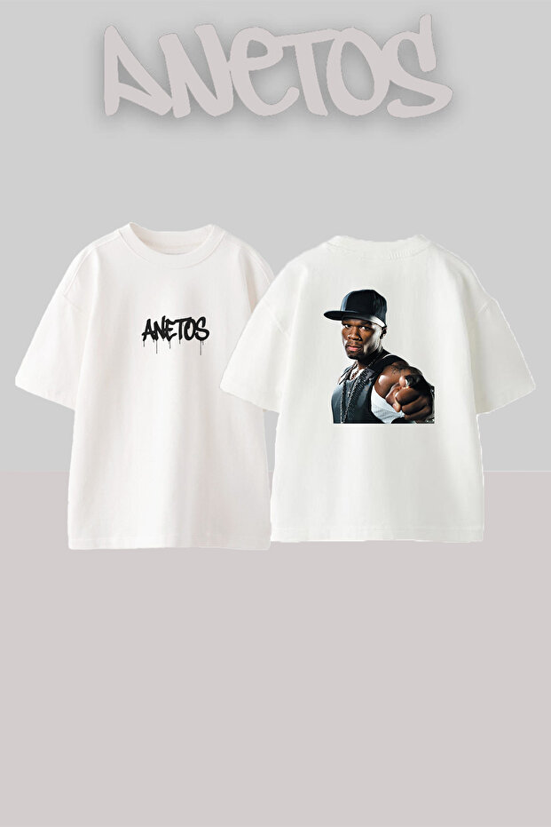 50 Cent_78 Design Printed Oversize White T-Shirt