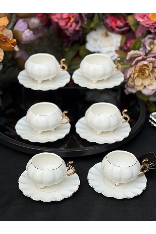 6-Person Porcelain Acar Britton Gold Coffee Cup Set
