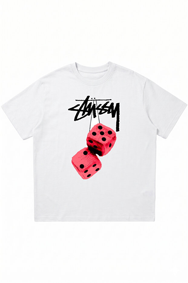 Stussy Dice Printed White Oversize Crew Neck T-Shirt