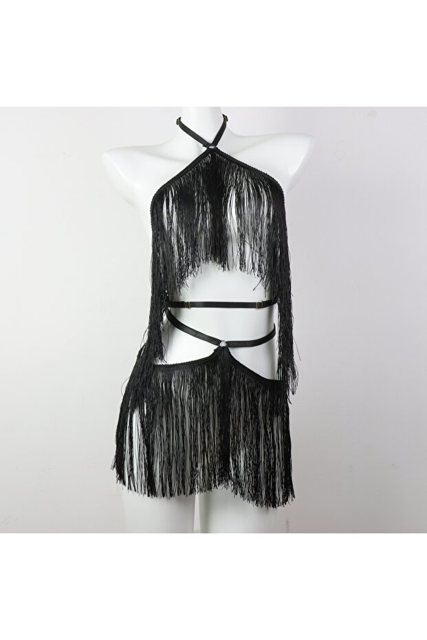StyleC 2PCS UYEE 2PCS Women's Black Halter Top with Tassel Detail Adjustable Elastic Harness Casual