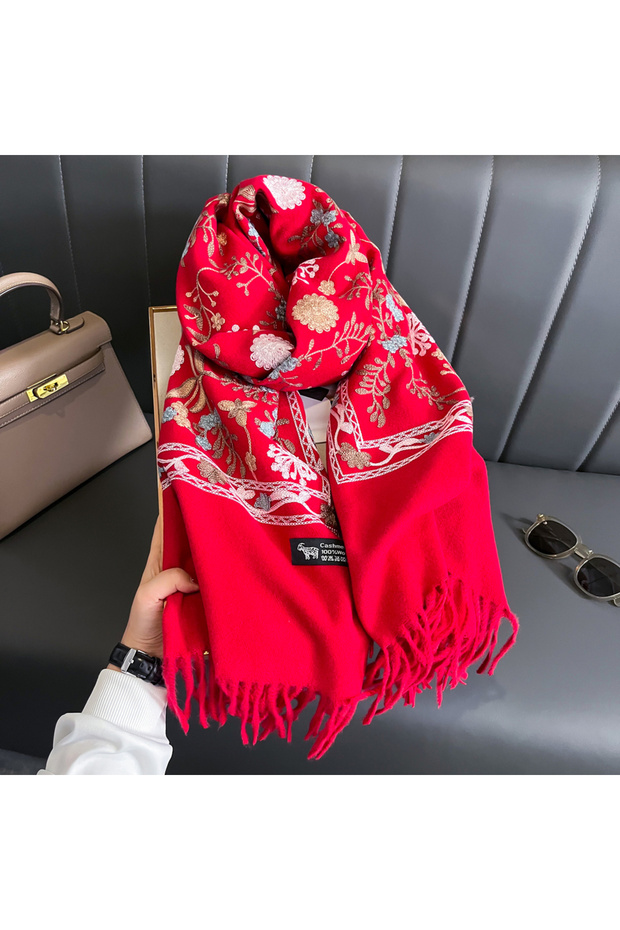 Red New Winter Warm Cashmere Scarf for Women Embroidery Pashmina Blanket Thick Shawl Wrap Neckerchie