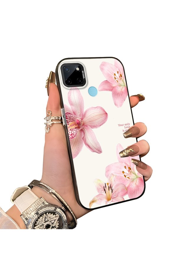 Realme C21Y Compatible Silicone Edge Hard Back Case Couple Phone Case with Floral Pattern