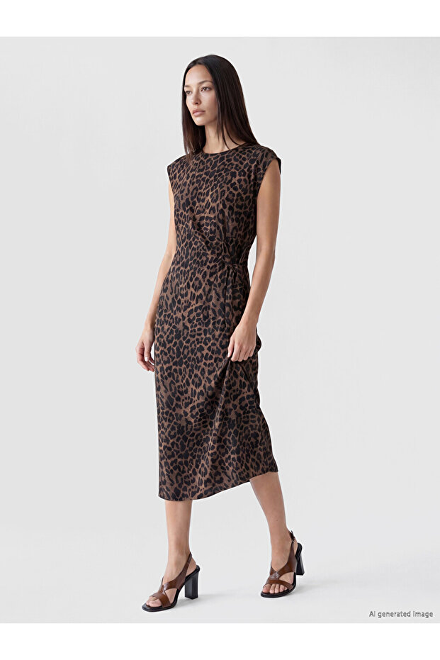 Lcw Everyday Brown Crew Neck Leopard Print Drawstring Dress