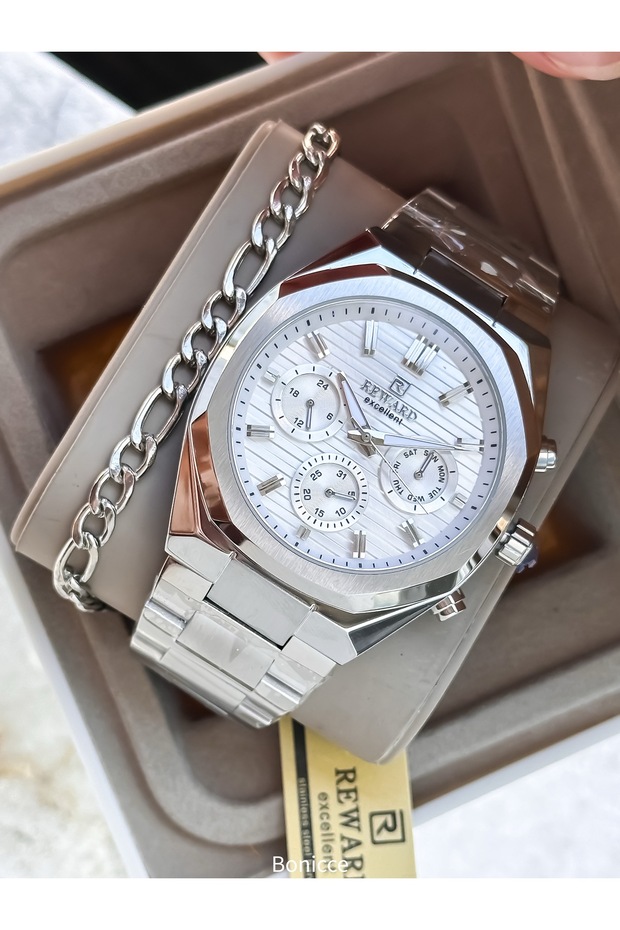 Functions Active, Day-Date Steel Band in Stylish Box, White Dial, Men's Wristwatch with Calendar + Chain Bracelet