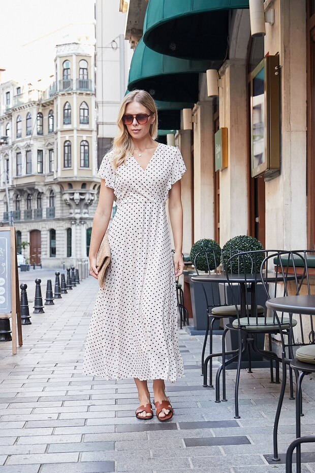 Women's Patterned Tulle Double-Breasted Dress with Flounce Sleeves and Long Lycra Lining - Stone Polka Dots