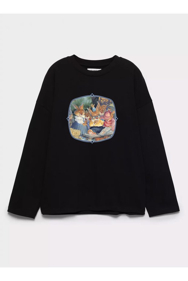 100% Cotton Oversize Fit Long Ear Family - Crew Neck Long Sleeve T-Shirt