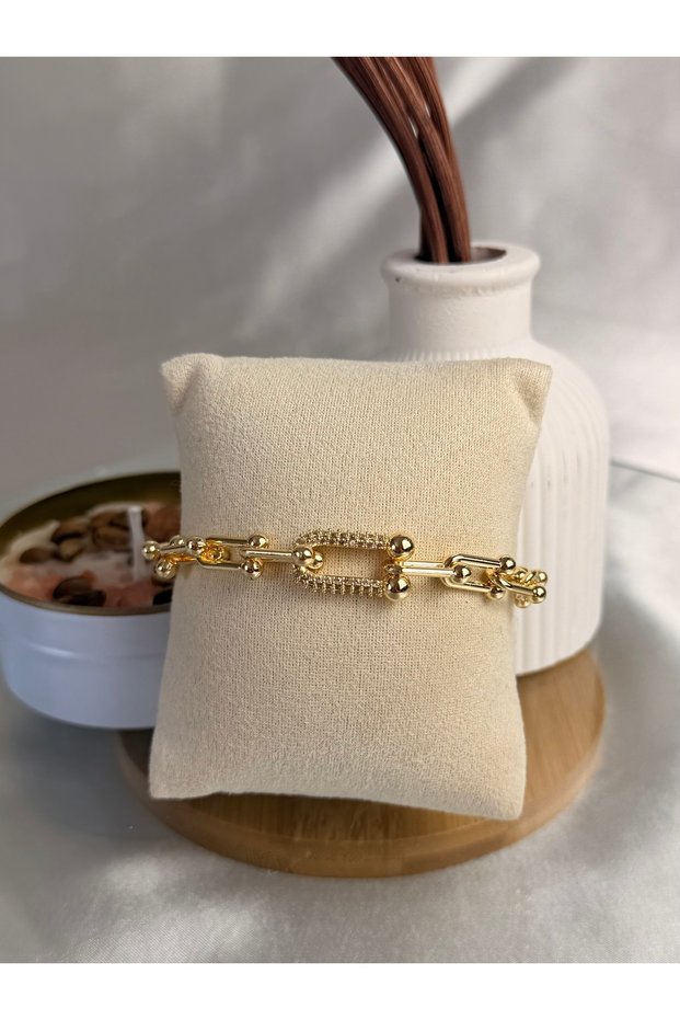 Women's Steel Bracelet with Chain Detail and Zircon Stones