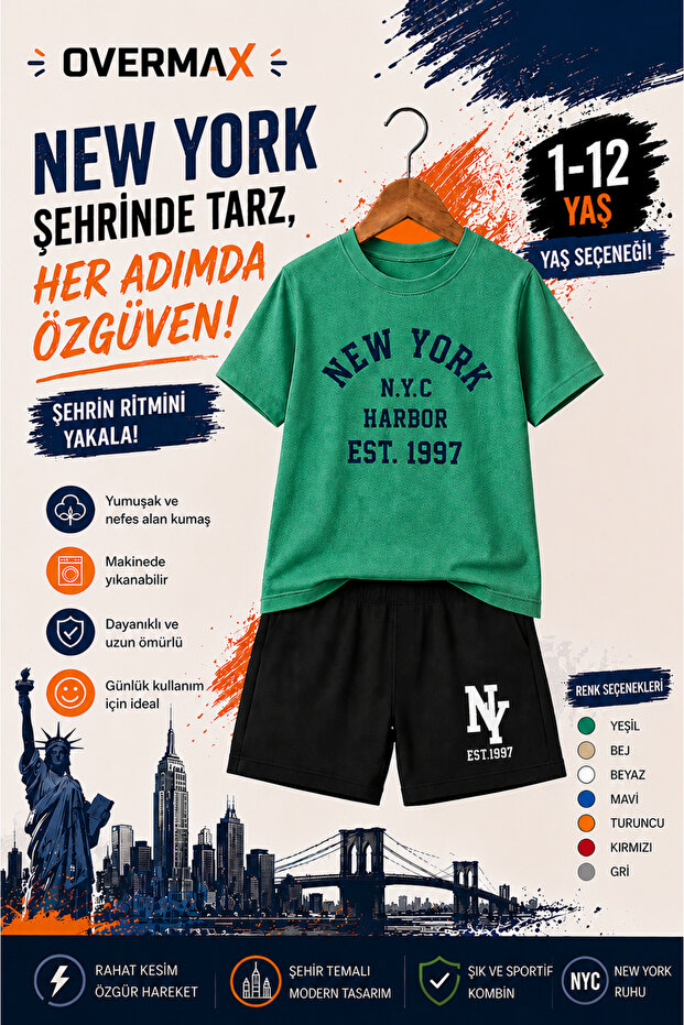 New York Harbor Printed Children's Set – T-Shirt & Shorts 2-Piece Combination | Trendy Summer Set for Ages 1-12