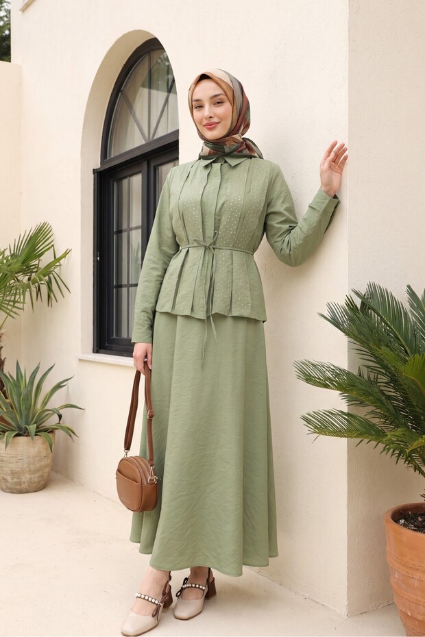 Stone Detailed Belted Skirt with Lining Polyviscon Set - Green