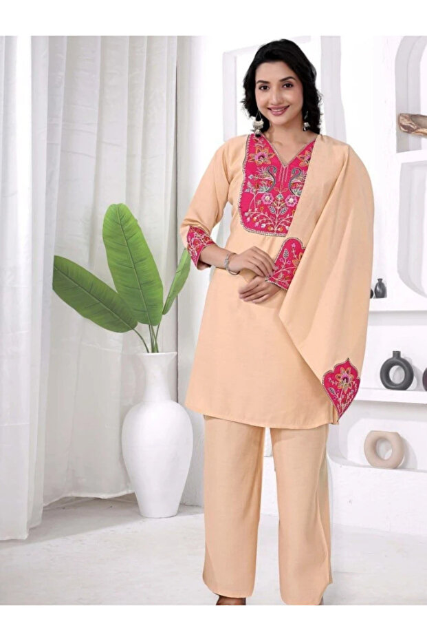 Beige Embroidered Kurta Set - NJF8522 | Beige