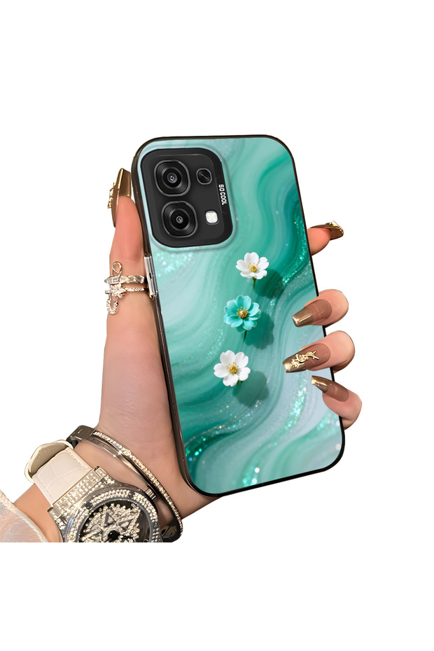 Oppo A6 Pro 5g Compatible Silicone Edge Hard Back Case Couple Phone Case with Floral Pattern