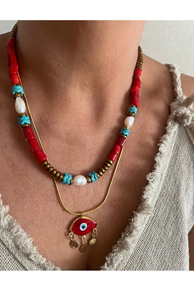 Design Hematite-Turquoise-Pearl-Red Coral-2-Eye Necklace