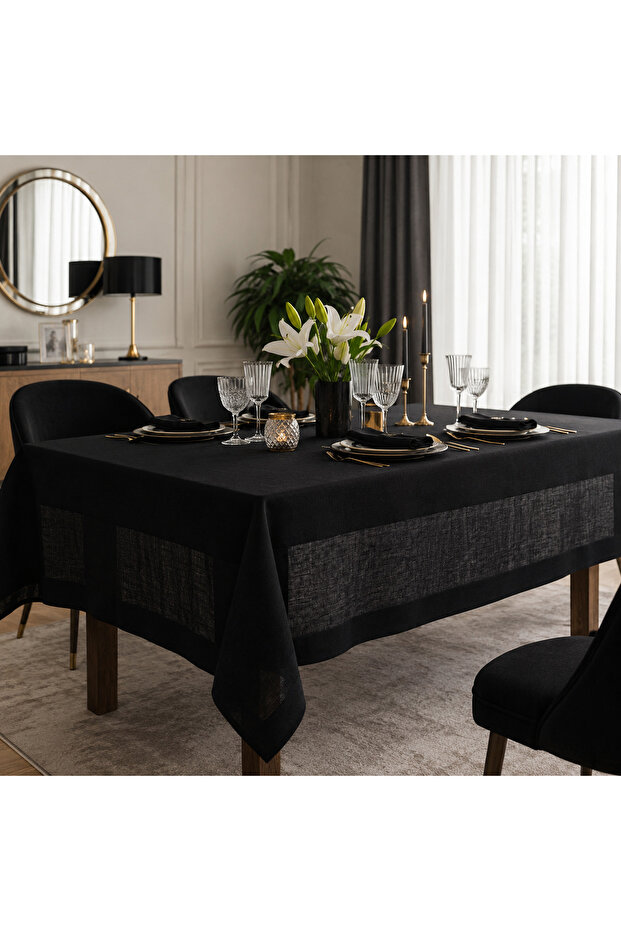 Black Stylish Tablecloth | Linen Look, Stain Resistant, Handcrafted, Custom Size, Oeko-Tex