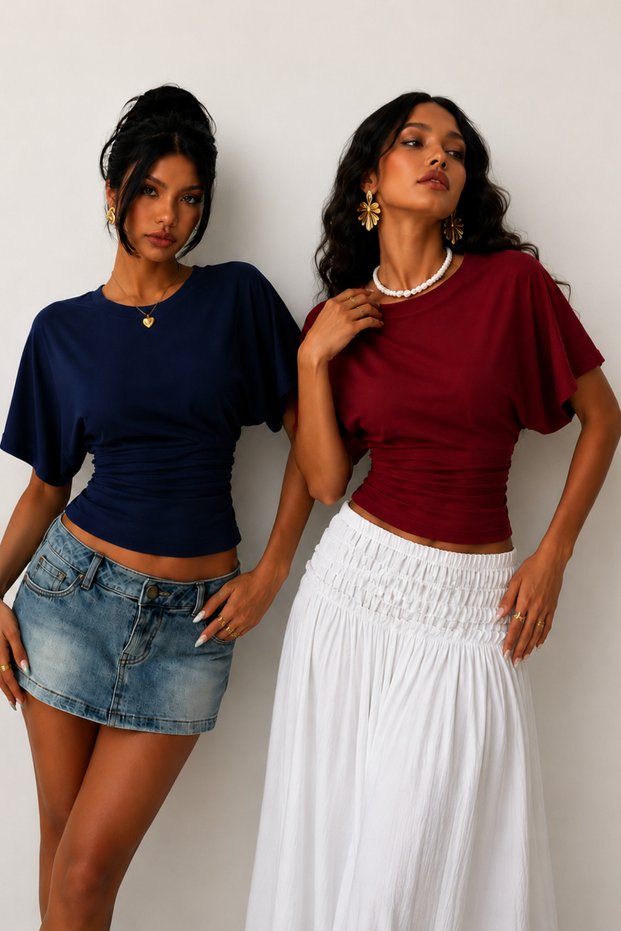 Qlay Women's 2-Piece Navy Blue Burgundy Fitted Wide-Sleeve Viscose Blouse - Soft Textured Stylish Summer Wear