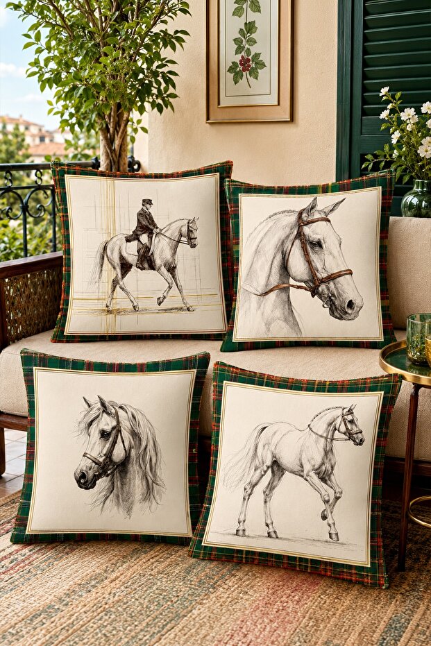 Green Framed Horses Patterned Set of 4 Throw Pillow Covers