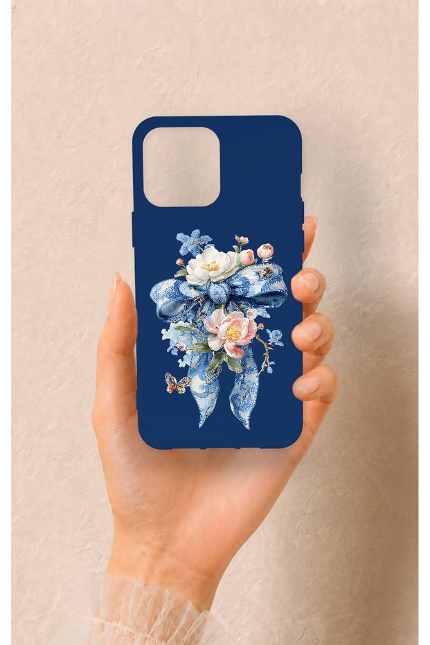 iPhone 13 Pro Max Compatible Blue Ribbon Flower Pattern Silicone Case